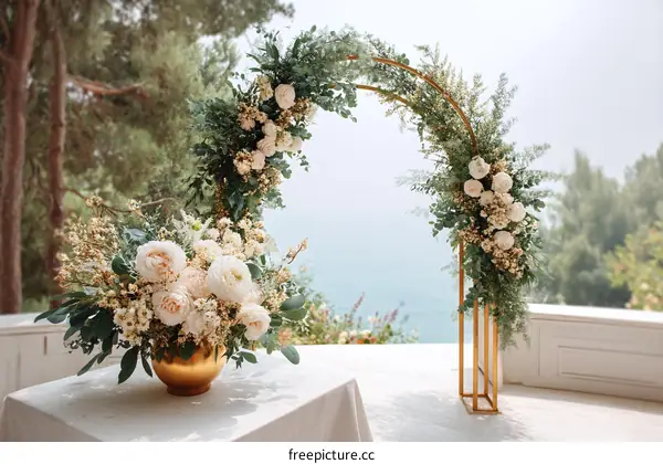 Gold Wedding Arch Decorated with Fresh Flowers