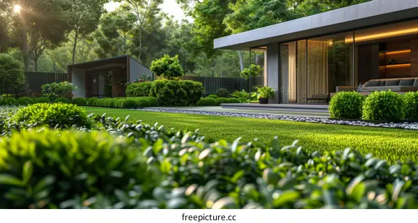 Modern house with green lawn and bushes