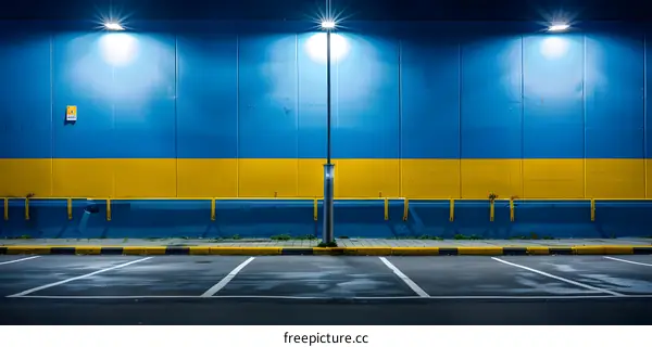 Blue and Yellow Wall with Streetlight in Parking Lot