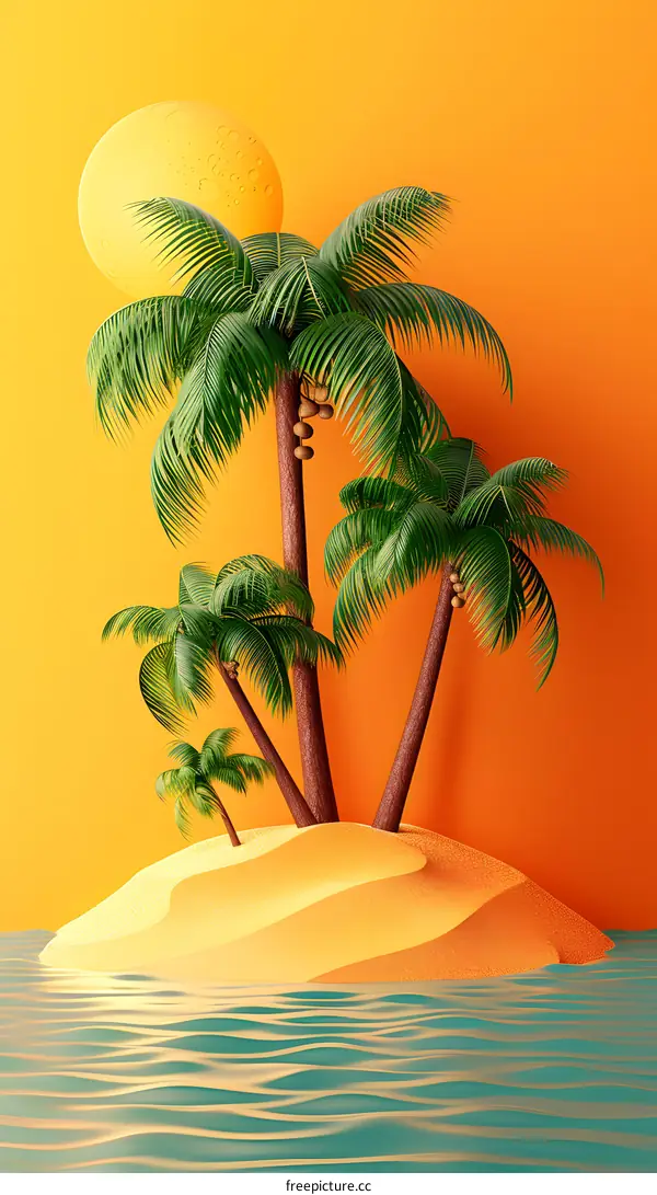 small island with palm trees in the middle of the ocean under the full moon