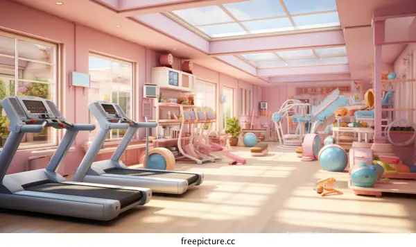 A pink and white themed illustration of a home gym