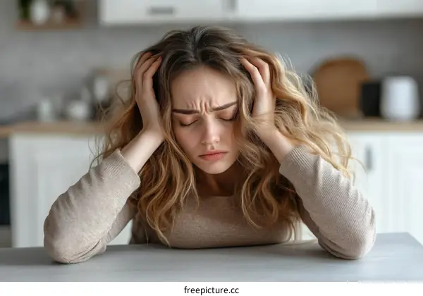 Woman Suffering From Headache in Kitchen