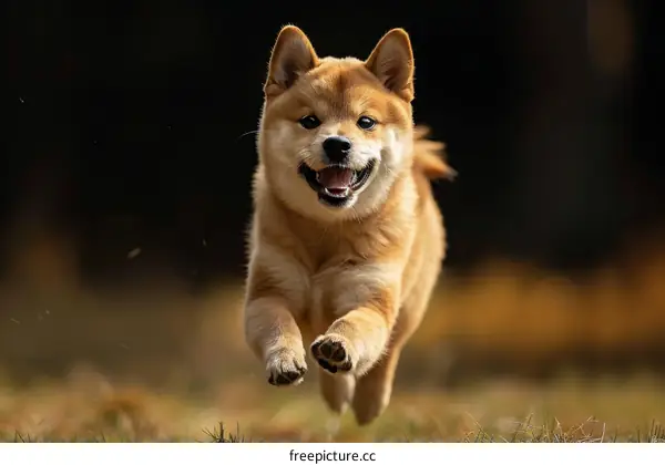 A happy Shiba Inu running in the field