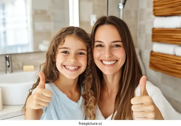 Happy Mother and Daughter in Bathroom