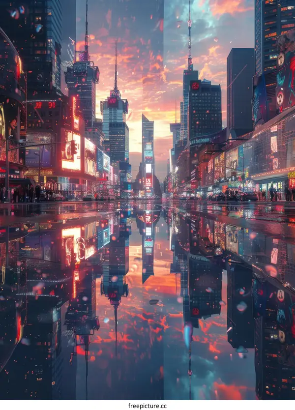 Reflective Cityscape of Times Square at Sunset