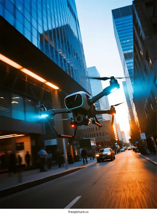 Drone flying between modern city buildings during sunset