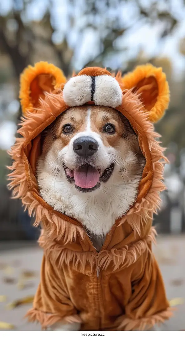 A cute corgi dog wearing a lion costume
