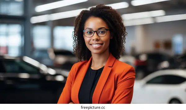 Portrait of a young African-American woman in a car dealership