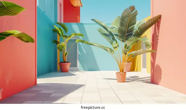Minimalist Tropical Patio with Colorful Walls and Palm Trees