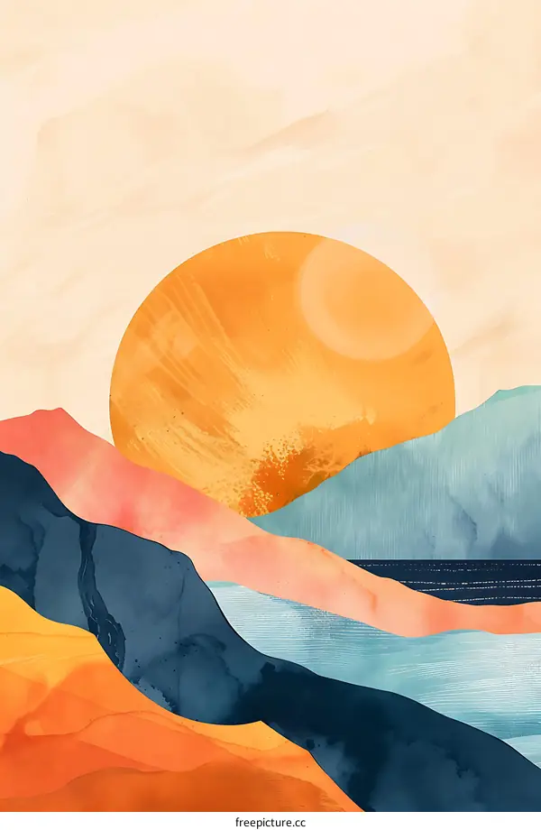 Abstract Watercolor Sunset Mountain Landscape Painting