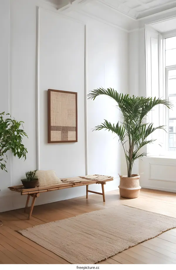 Minimalist Interior Design with Wooden Bench and Palm Tree