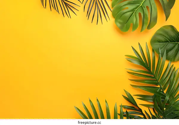 Green Tropical Leaves on Yellow Background
