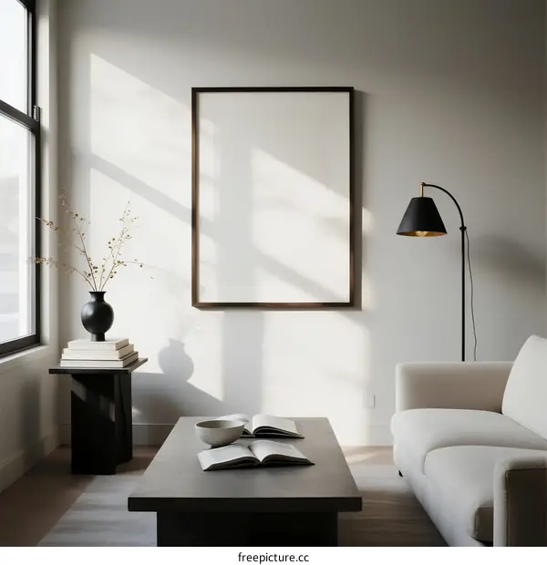Modern minimalist living room with empty frame and natural light