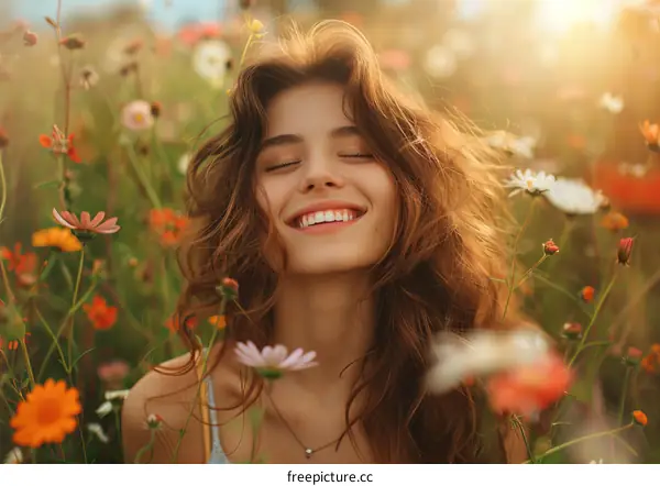 Smiling Woman in a Field of Flowers