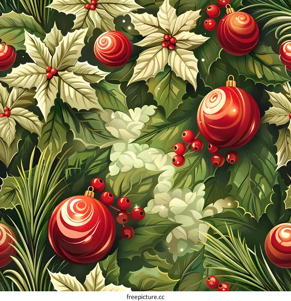 Christmas seamless pattern with holly leaves, poinsettias and red ornaments.