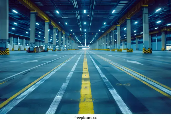 Empty Warehouse Interior with Yellow Lines