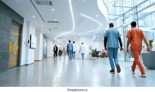 Modern Hospital Corridor with Diverse Staff