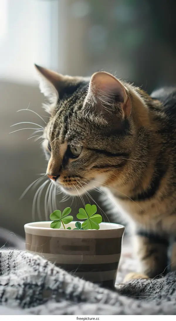 A cat looking at a potted plant with three-leaf clovers