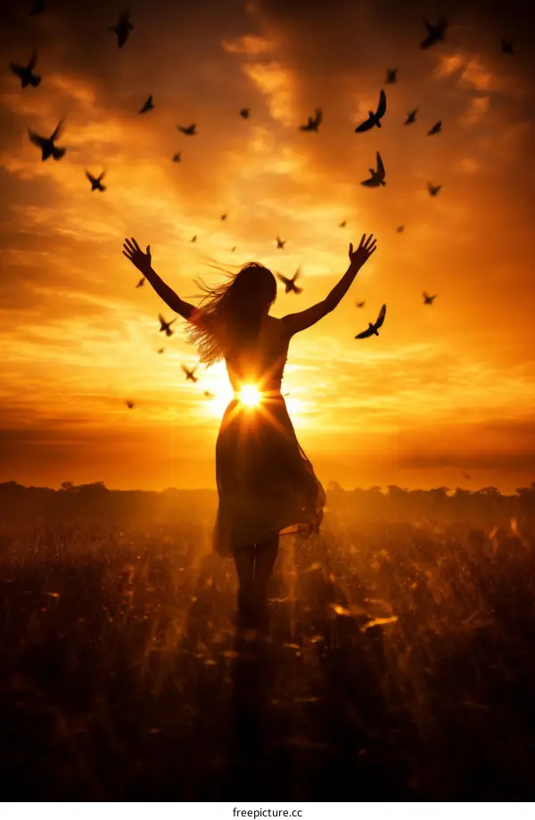 girl in a field of wheat at sunset with her arms raised in the air