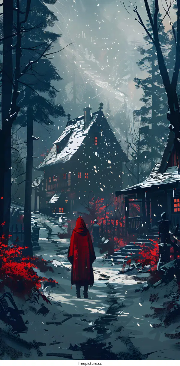 Snowy Forest Path and Red Hooded Figure