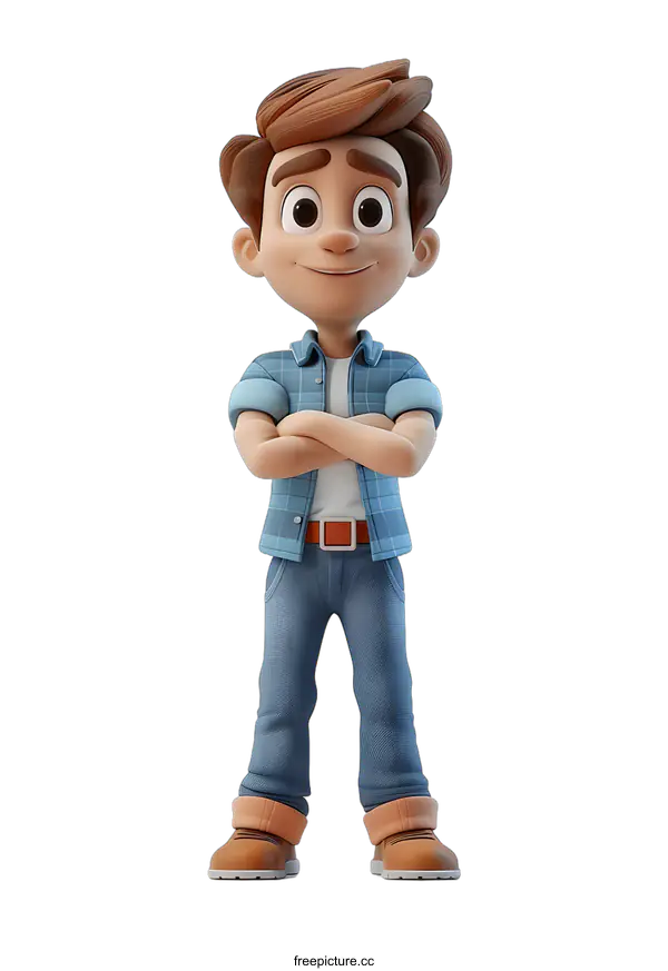 [Transparent Background PNG]A 3D rendering of a young boy with brown hair and blue eyes, wearing a plaid shirt and jeans, standing with his arms crossed.