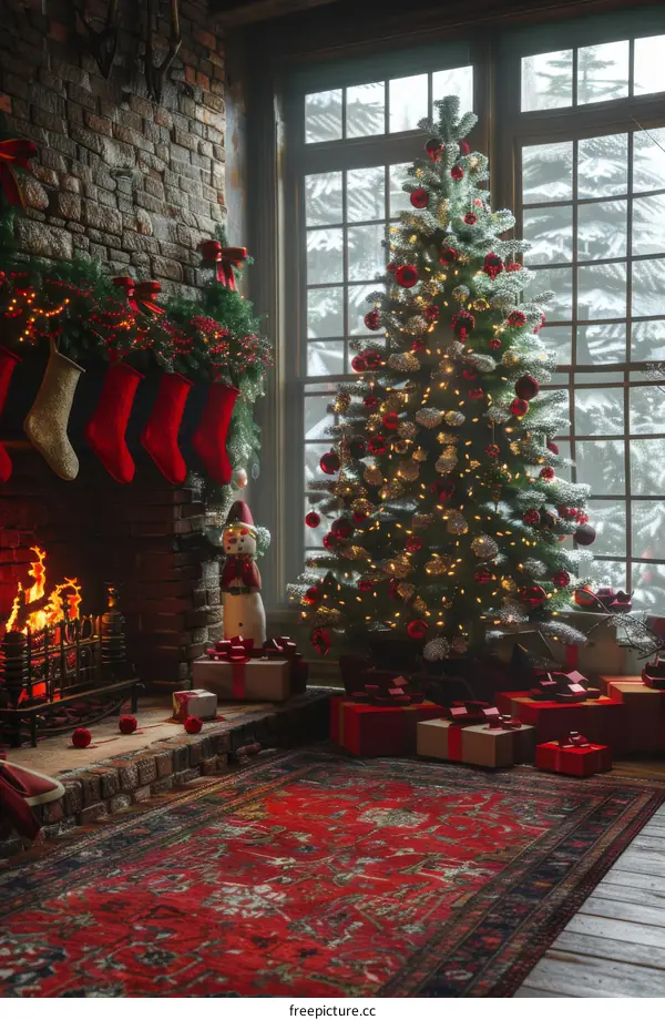 Living Room Christmas Decorations with Cozy Fireplace