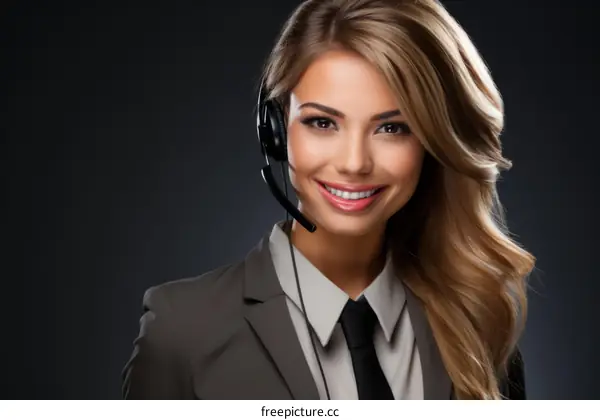 portrait of a beautiful blonde woman wearing a suit and tie and a headset smiling