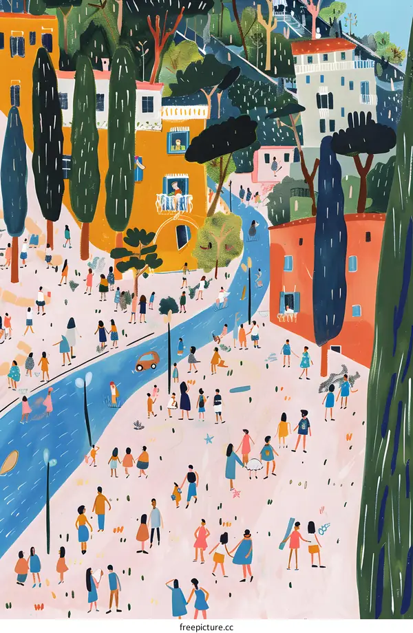 Illustrated People Walking in a City Park With Houses and Trees