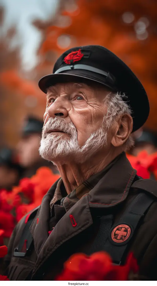 An elderly man wearing a military cap looks up at a parade.