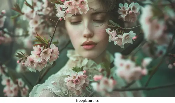 Pink cherry flowers in the hair, woman's portrait