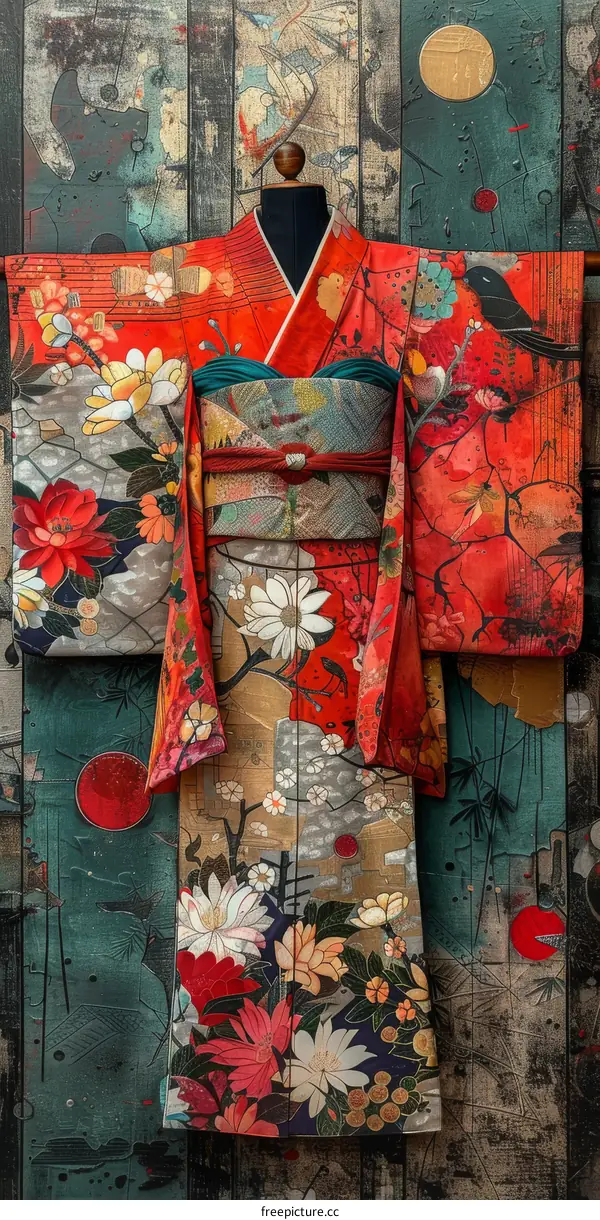 A kimono with a floral pattern and a black obi sash.