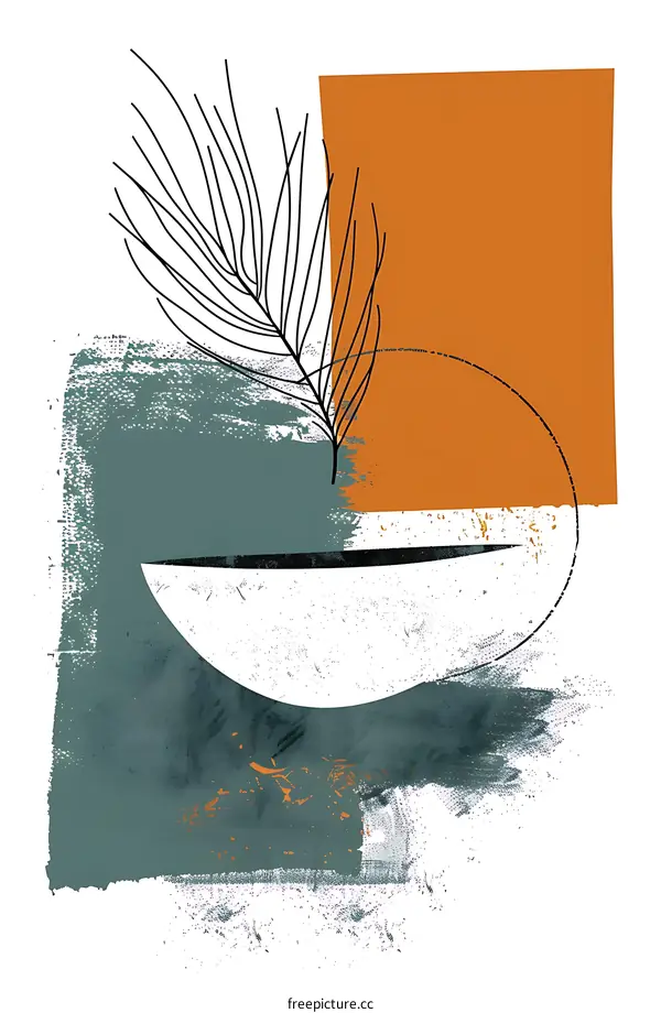 Abstract Minimalist Art Print with Branch and Geometric Shapes in Green, Orange and White