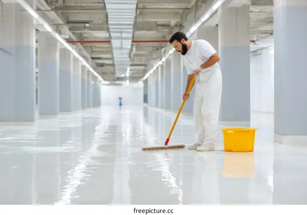 Worker Cleaning White Epoxy Flooring in a Parking Garage