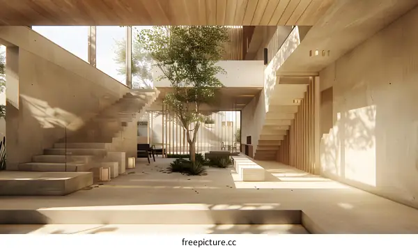 Modern Minimalist Interior Design with a Courtyard and Staircase