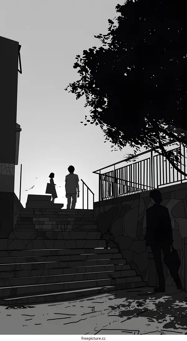 Black and White Illustration of People Walking Up Stairs