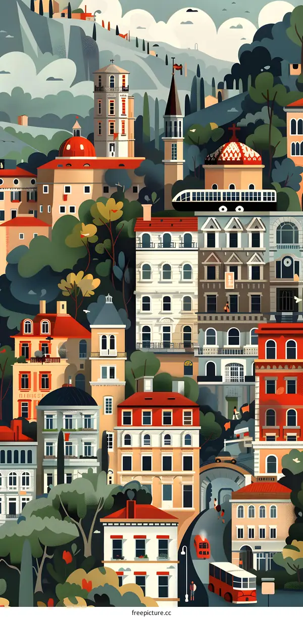 Colorful Cityscape Illustration of European City