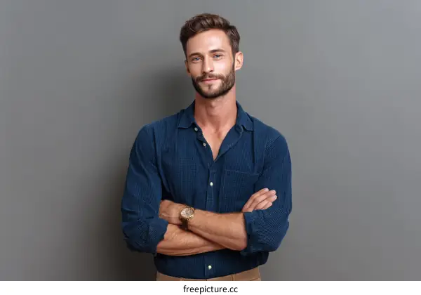 Confident Caucasian Man Posing Against a Grey Background