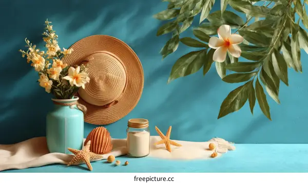 Summer Seaside Still Life with Straw Hat and Flowers