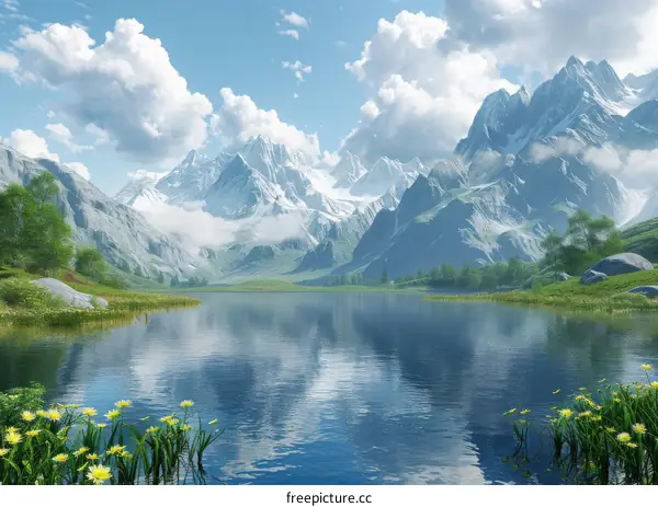 Spectacular Mountains, Lake, and Flowers