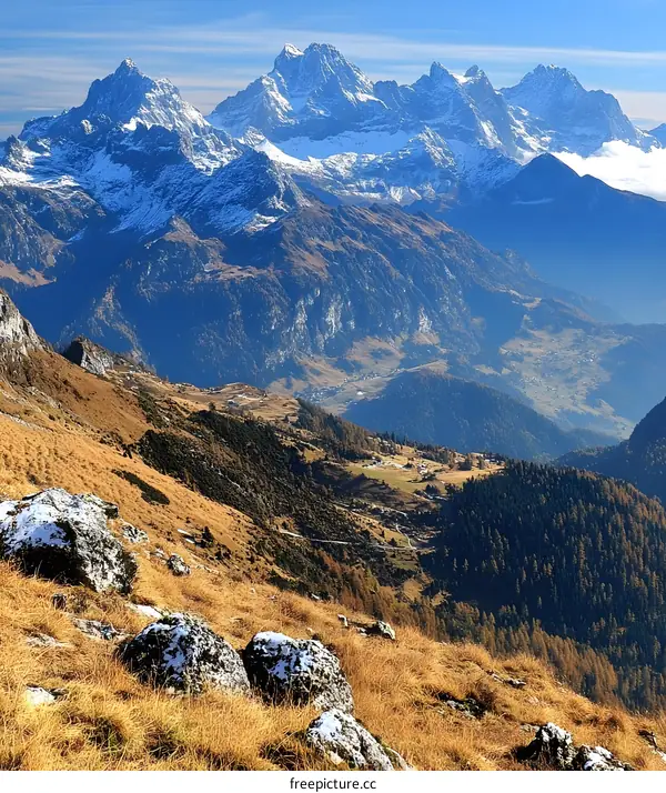 Mountain Range With Snow Covered Peaks In The Background
