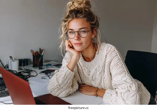Young Woman Working on Laptop in Cozy Interior
