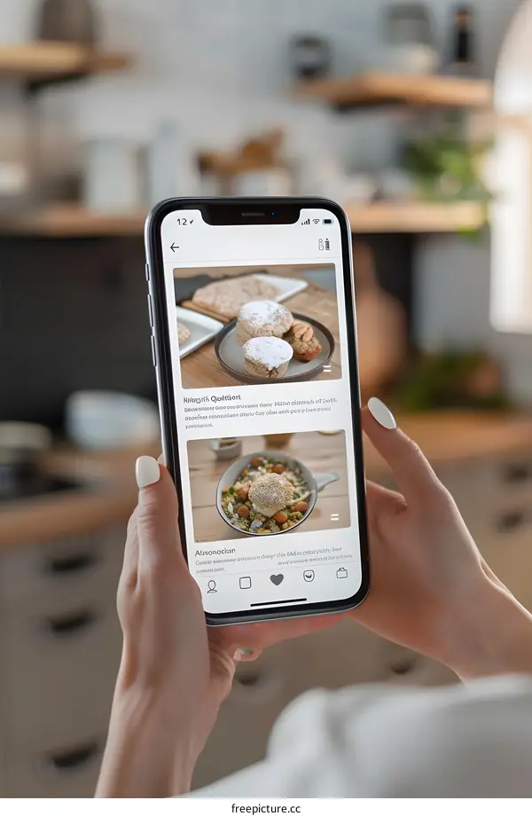 Woman Holding Phone With Food Images On Screen
