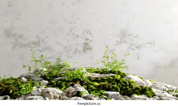 Green Moss and Stones Against a White Wall Background