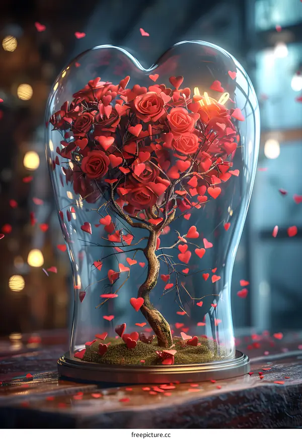 A Glass Dome with a Tree of Red Roses