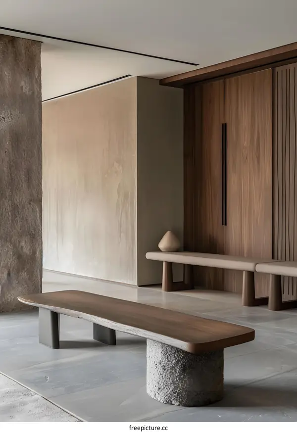 Modern Minimalist Interior Design with Wooden Bench and Stone Base