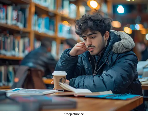 Young male student studying in library