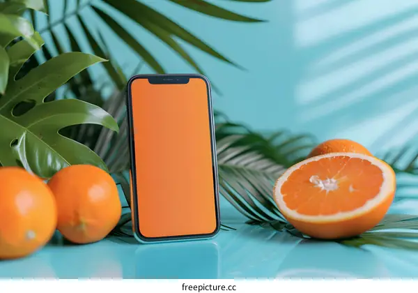 Orange Phone Mockup with Tropical Leaves on Blue Background