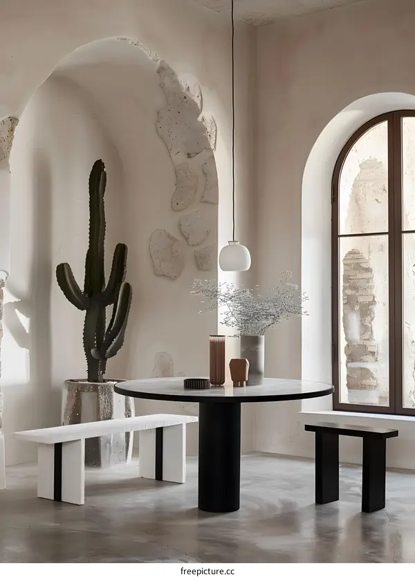 Modern Minimalist Interior Design with Cactus and Arched Windows