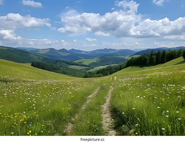 Mountain Meadow Path with Green Fields and Blue Sky