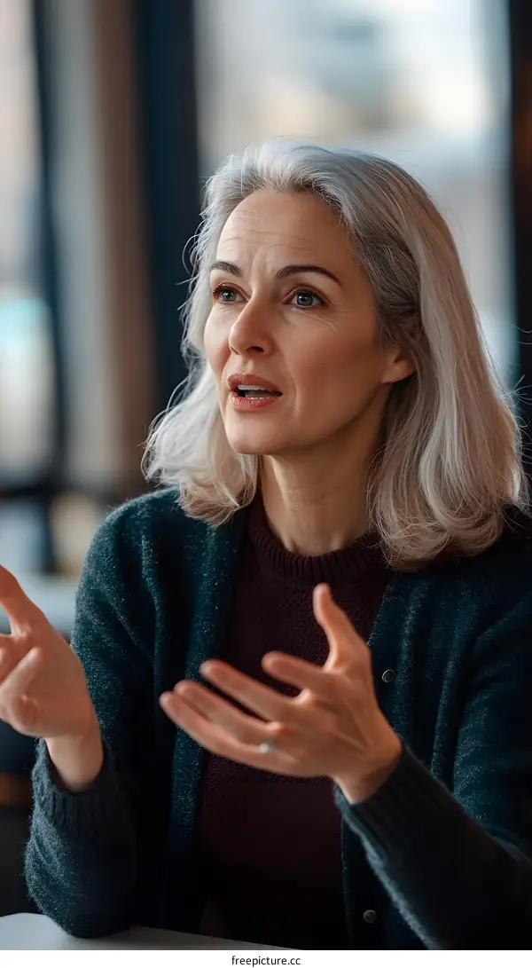 Closeup Portrait of a Caucasian Woman Talking Animatedly with Expressive Gestures